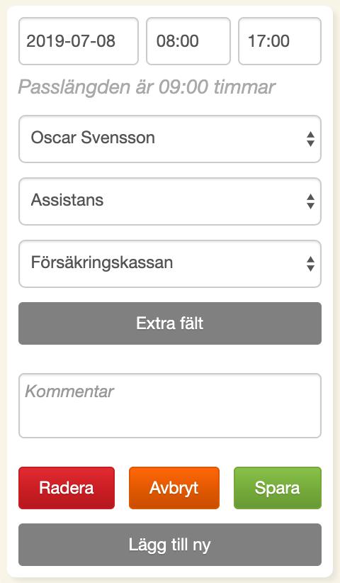 Pass kan skapas både i kalendern och i rapporten. Det fungerar på liknande sätt på båda ställen, men i det här exemplet väljer vi kalendern. Som standard visas Mitt schema.