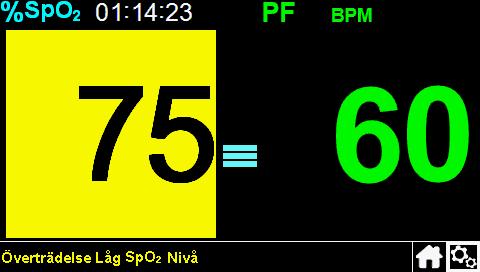 Om ett SpO 2 -larm inträffar Om högt eller lågt SpO 2 -värde uppmäts ser du en gul bakgrund på SpO 2 -värdet och ett meddelande visas längst ned på skärmen.