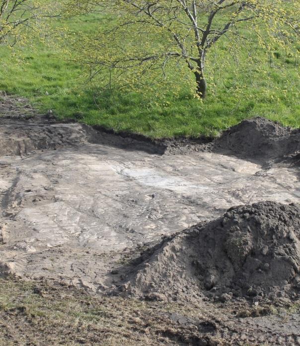 Underlag: Fastighetskartan. Skala 1: 1 100. Figur 8. Schakt 1 med platsen för den naturliga bildningen i hällytan. Foto från sydväst. Foto: Lars Jönsson, Österlenarkeologi.