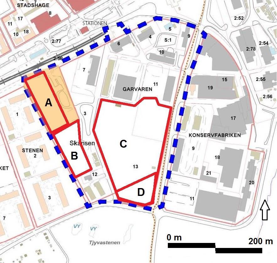 Figur 3. Planområdet för Skansenområdet är markerad med blå streckad linje. Det aktuella undersökningsområdet inom fastigheten Garvaren 13 utgörs av område C på figuren.