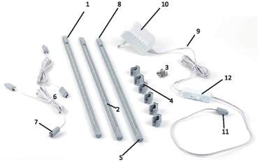 Innehåll 1. LED-belysningslister (3 st.) 2. LED-lampor 3. Skruvar (6 st.) 4. Fästen med tejp (6 st.) 5. Ändpluggar 6. Anslutningssladd (2 st.) 7. Anslutningssladdens stift 8.