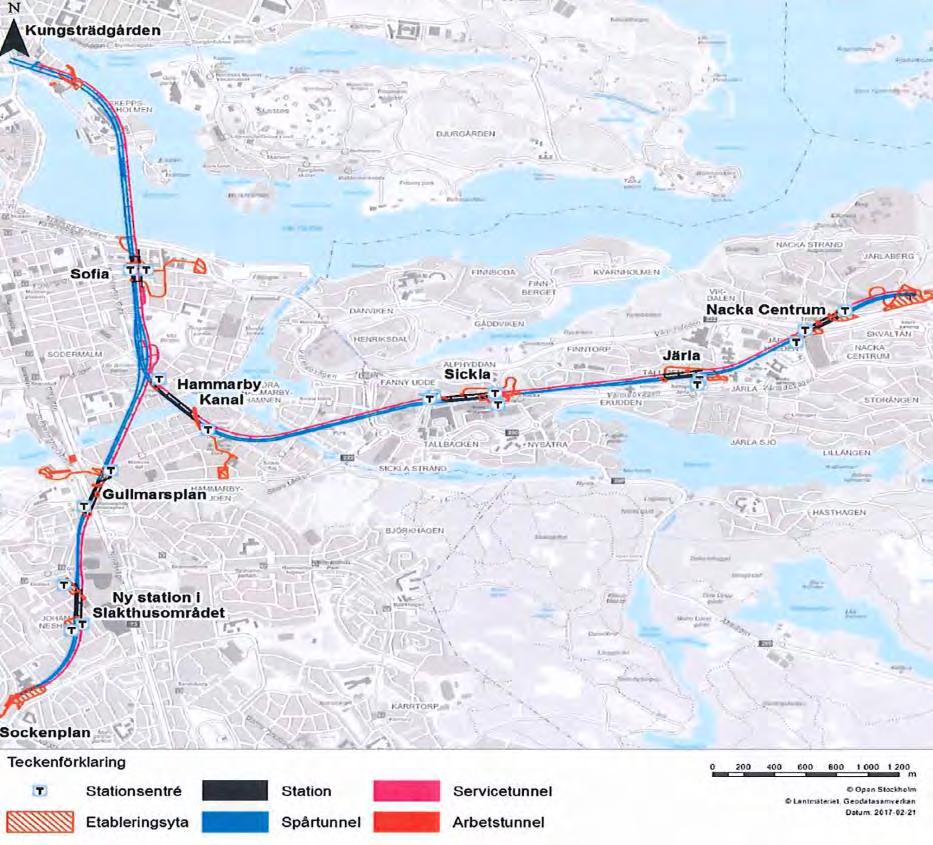 Sid 19 Figur 1, ungefärliga lägen för ansökt vattenverksamhet (se även aktbil. 16, s. 5) MKBn innehåller en utförlig beskrivning av tunnelbaneområdet och dess omgivningar. 3.2.