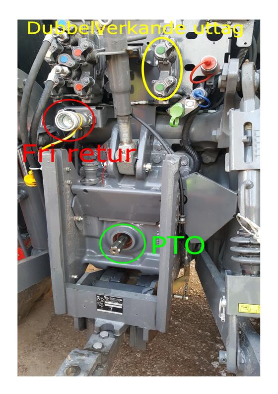 2.2 Traktorteori 11 Figur 2.6: Baktill på en Fendt 516 Vario. Bilden visar PTO-axeln, den fria returen och ett av flera dubbelverkande uttag. 2.2.3 Växellåda Då traktorer används för att dra stora laster, efterfrågas transmissioner som kan överföra stora moment vid stillastående och låga hastigheter.