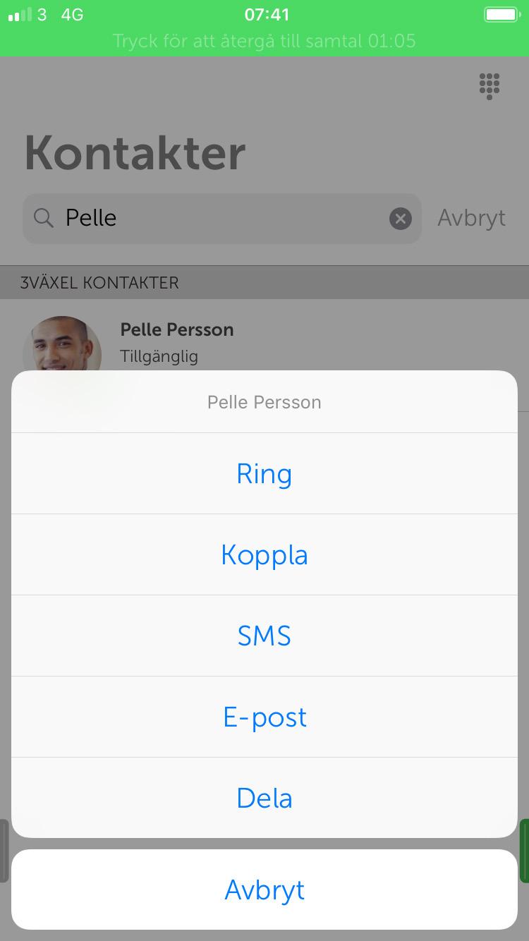 5 Du kan även klicka på kontakten så att den öppnas och sedan klicka på Koppla för att ringa upp kontakten.