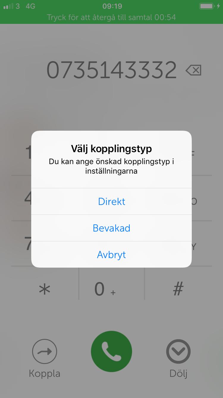 5 5 För att koppla samtalet direkt klickar du på Direkt. Kopplingen görs direkt och du behöver inte göra något mer.