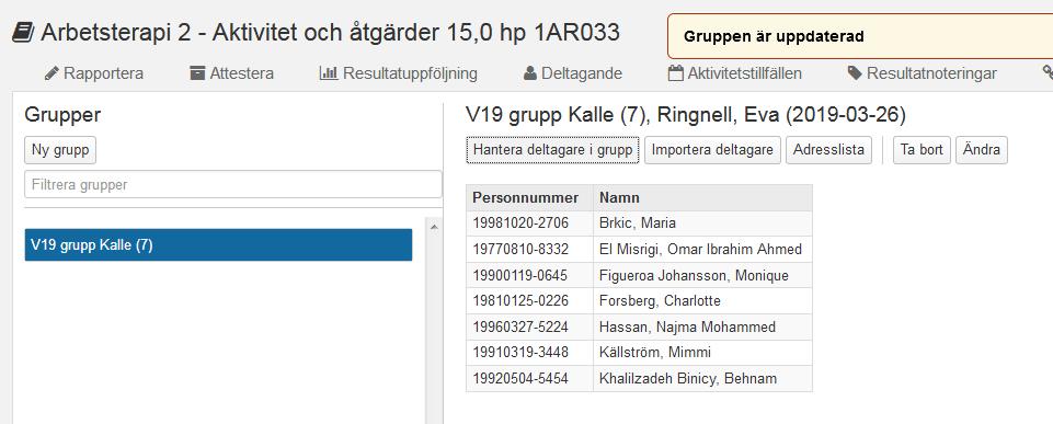 För att se vilka studenter som ingår i gruppen, klicka på gruppmarkeringen. Här kan man också ta bort gruppen och ändra gruppens kod eller benämning genom att klicka på respektive knapp.