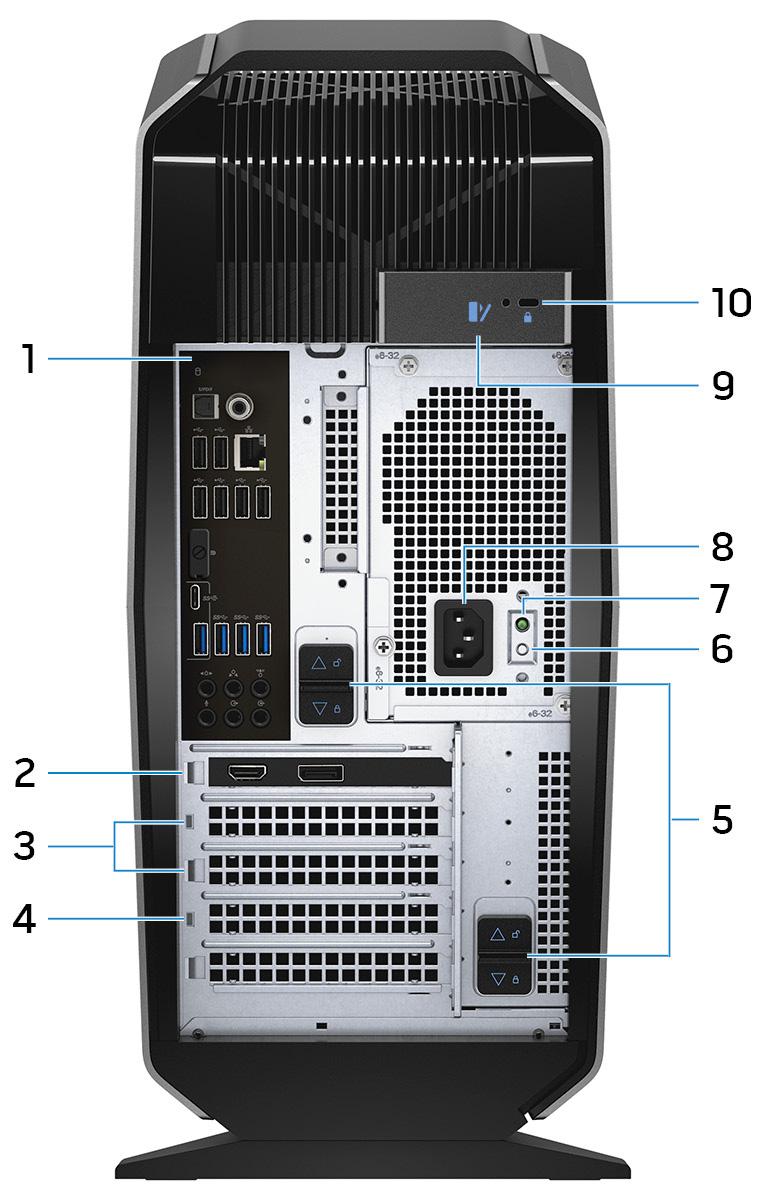 Baksida 1. Bakpanel Anslut USB-, ljud- och videoenheter och andra enheter. 2. PCI-Express X16 (grafikkort plats 1) Anslut ett PCI-Express-kort, t.ex.