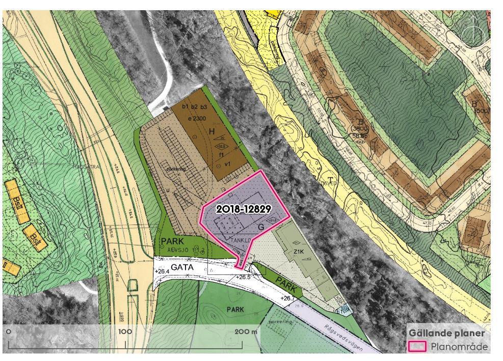 Sida 3 (11) Gällande detaljplaner inom Stockholms stad för planområdet och dess omgivning. Planområdet markerat i rött.