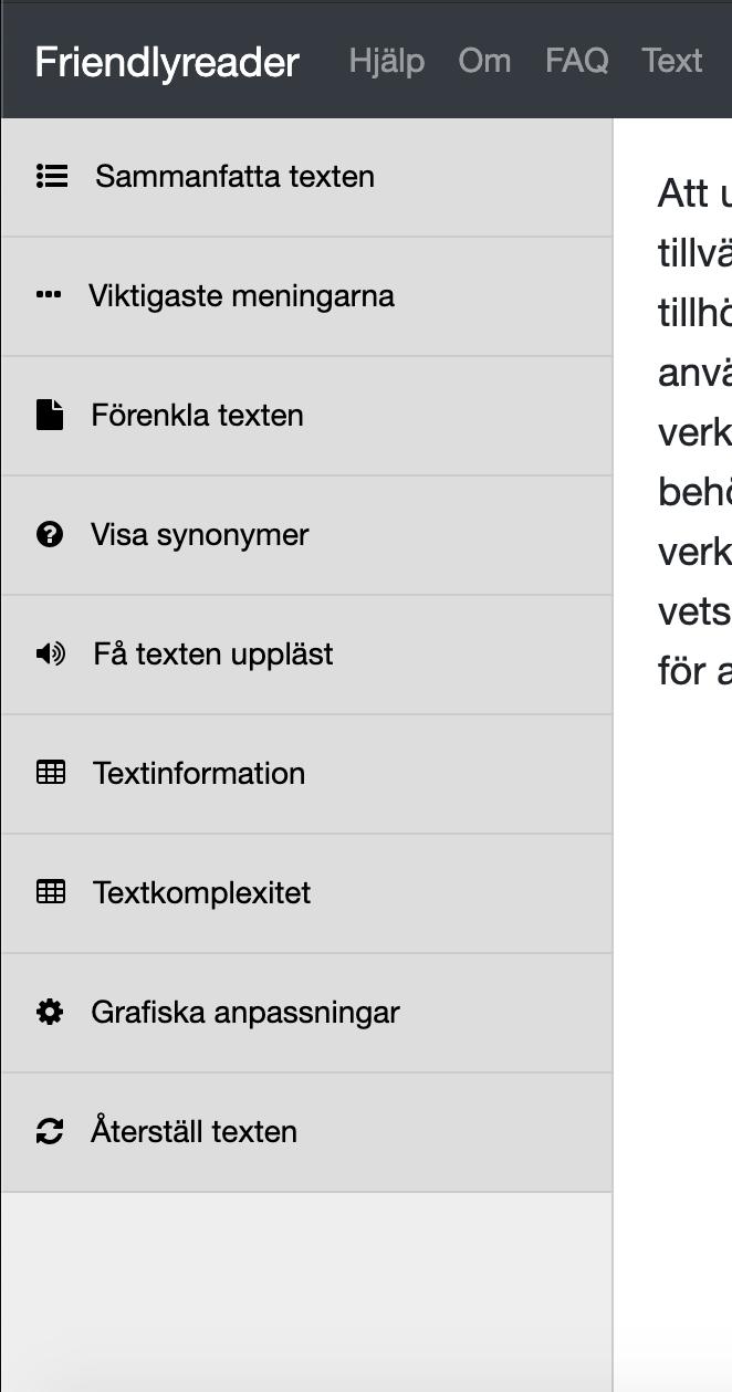 (a) Sidomeny (b) Förenklingsregler Figur 2: Sidomeny och förenklingsregler En lyckad förfrågan till servern returnerade en datastruktur innehållandes de meningar med förenklingsförslag som lyckades