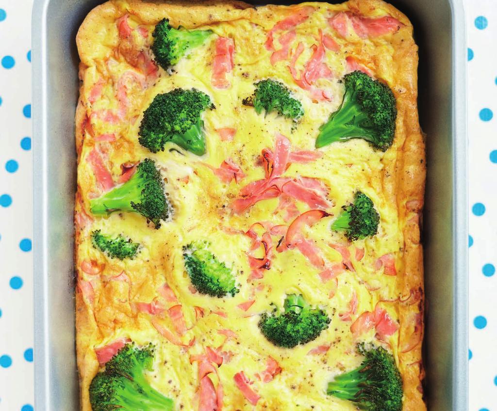 RECEPT 4 25 MIN 412kcal/port. Energi från: Fett 41% Kolhydrater 32% Protein 27% Omelett med skinka och broccoli Lättlagad, god och nyttig ugnsomelett.