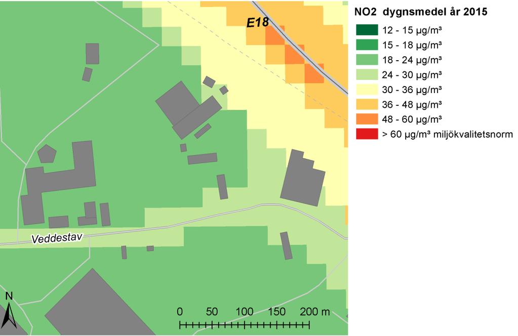 Figur 8. Beräknad dygnsmedelhalt av kvävedioxid, NO 2 (µg/m³) under det 8:e värsta dygnet för nuläget år 2015 [27]. Överskrider halten 60 µg/m 3 överskrids miljökvalitetsnormen.