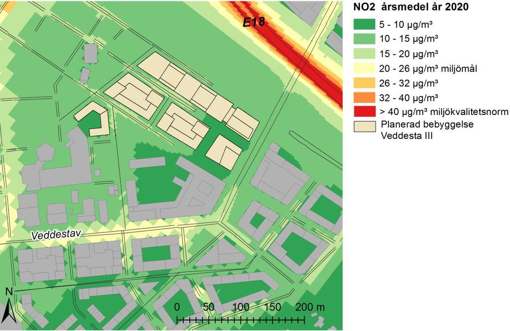 Figur 12. Beräknad årsmedelhalt av kvävedioxid, NO 2 (µg/m³) år 2020.