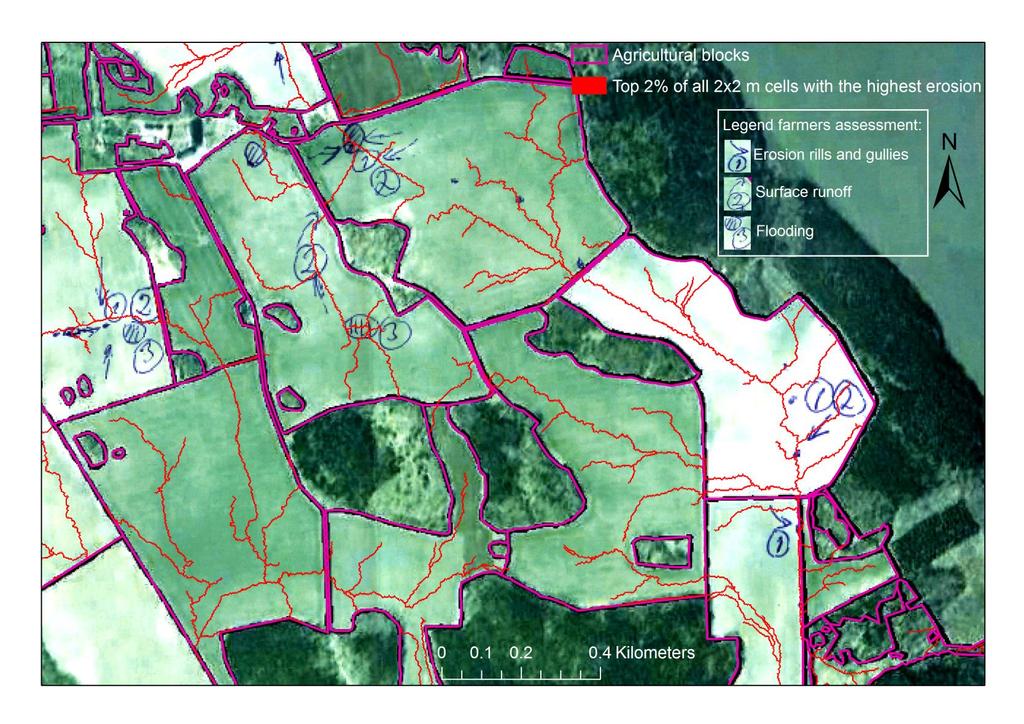 4. Distribuerad modellering av ytvatten- och erosionsförekomst Två % of 2x2m celler med