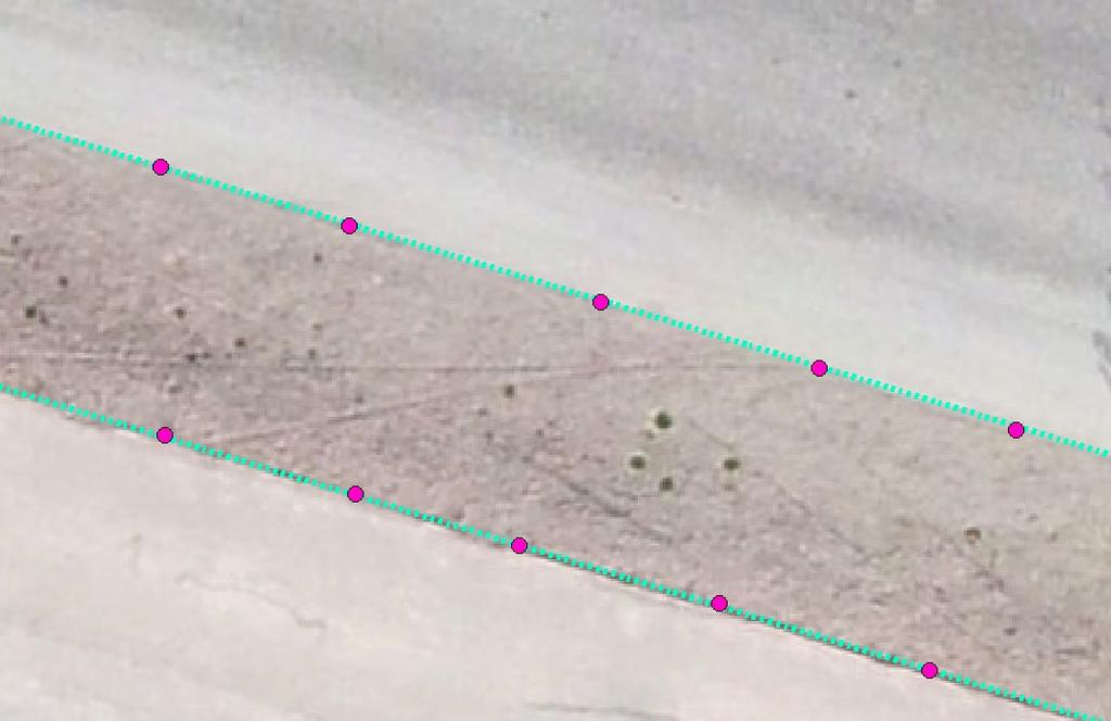 Figur 11. Utsnitt från ArcMap. Den heldragna linjen visar digitaliseringen av vägkant utifrån ortofotomosaiken och de rosa punkterna visar de terrestert inmätta punkterna för samma objekt. Figur 12.