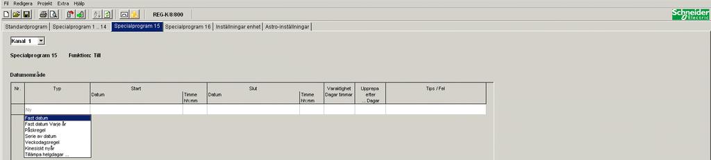 KNX-Årskopplingsur REG-K/8/800 9.5 Ställa in specialprogram 15 (Till) I specialprogram 15 (funktionen Perm Till) kan du bestämma ett datumintervall då kanalen alltid är tillkopplad. Fig.