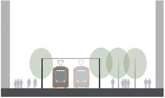 Utformningen ska vara tydlig, företrädesvis med en upphöjd köryta för tvärbanan och olika markbeläggning för tvärbanan, gång- och cykeltrafik och biltrafik.