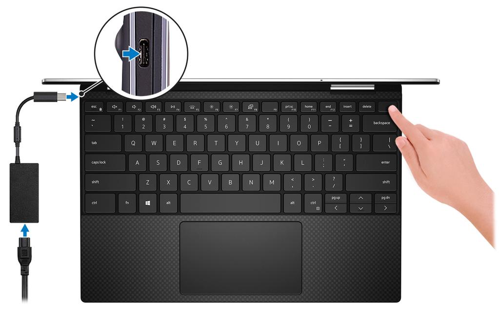 Ställ in din XPS 13 7390 2-in-1 1 OBS Bilderna i det här dokumentet kan skilja från din dator beroende på konfigurationen du beställde. 1. Anslut nätadaptern och tryck på strömbrytaren.