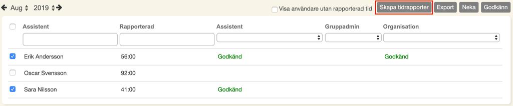 För assistenter som har jobbat för fler än en kund så kommer alla kunders tider för assistenten visas i tidrapporten.
