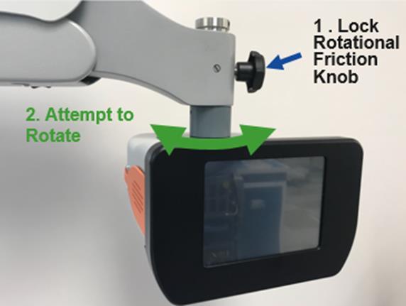 Funktionellt inspektionstest: 1. Lås rotationsfriktionsvredet. 2. Försök att rotera Optical Head och Libero-enheten (se Figur 1).