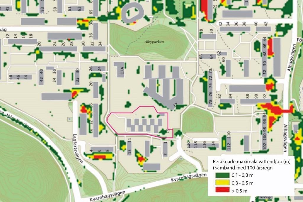 18 [23] Figur 6 Risk för översvämning vid 100-årsregn inom planområdet. En lågpunkt finns belägen i planområdets sydöstra del.