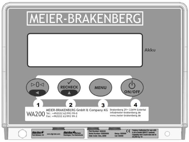 Display/viktindikator 1. Nollställ Håll inne tills displayen nollställs. 2. Ny vägning 3. Återgång till inställningar 4. ON/OFF Displayen visar aktuella värden och inställningar.