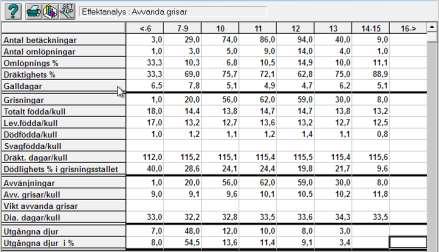 Avvanda grisar (per kull) Klarar suggorna att föda normalstora kullar även efter en stor avvand kull? Analysen visar hur antalet avvanda (gult på bilden) påverkar resultatet i nästa kull.