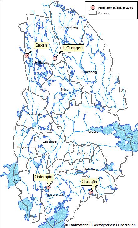 Inledning Pelagia Nature & Environment AB har på uppdrag av Länsstyrelsen i Örebro län utfört analys av växtplanktonprov från fyra sjöar i Örebro län 2018 (Tabell 1; Figur 1).