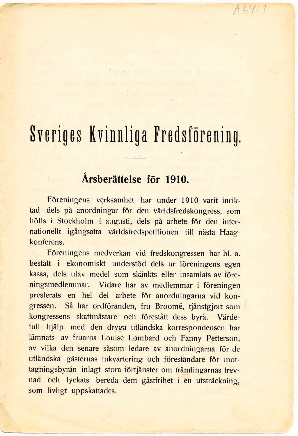 Ah Y Sveriges Kvinnliga Fredsförening. Årsberättelse för 1910.
