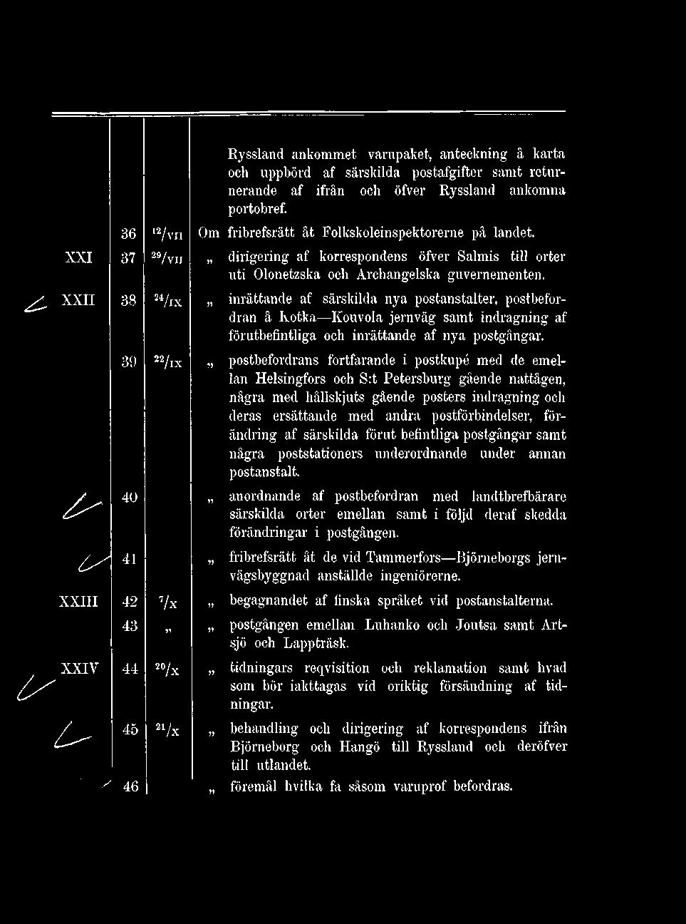 y / > C - ' 39 22/ix 40 41 XXIII 42 7/x inrättande af särskilda nya postanstalter, postbefordran å Ivotka Kouvola jernväg samt indragning af föruthefintliga och inrättande af nya postgångar.
