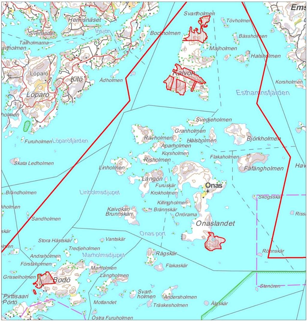 Bild 4. Gällande stranddetaljplaner 2.1.5 Byggnadsordning I området gäller byggnadsordningen för Borgå stad, fastställd 12.12.2007. Byggnadsordningen trädde i kraft 20.2.2008. 2.1.6 Övriga planer För området har godkänts fyra skiftesplaner enligt den gamla lagstiftningen.