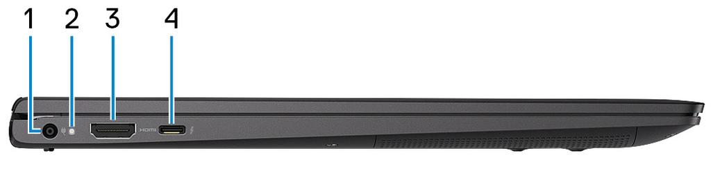 Nätadapterport Anslut en nätadapter för att förse datorn med ström. 2. Kort för ström/batteristatuslampa Anger datorns ström- och batteristatus.