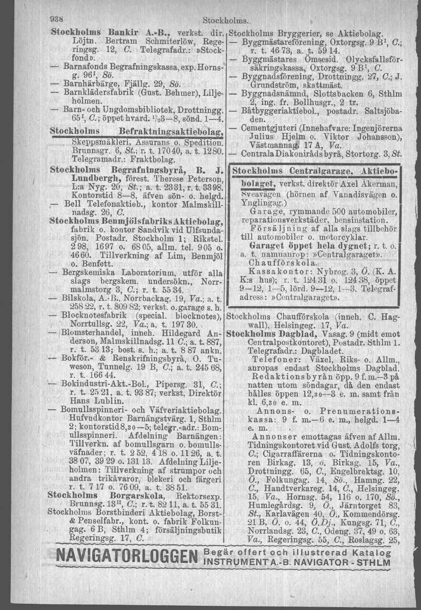 1)31.i Stockholms. Steekholms Bankir A B.~ verkst. dir. Stockholms Bryggerier, se Aktiebolag. Löjtn. Bertram Schmiterlöw, Rege Byggmästareförening. Oxtorgsg. 9 BI, O.; ringsg.. 12, O. Telegrafadr.