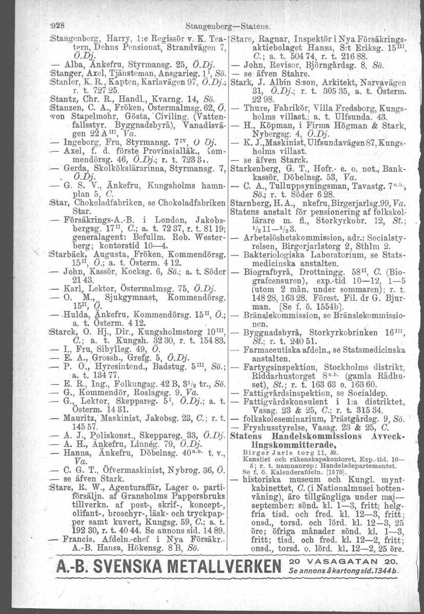 ~28 Stan genbergestatens. Stangenberg, Harry, 1:e Regissör v. K. Tea Stare, Ragnar, Inspektör i Nya FörsäkringstPrD, Dehns Pensionat, Strandvägen 7, aktiebolaget Hansa, S:t Eriksg. 15III, O.Di:. C.