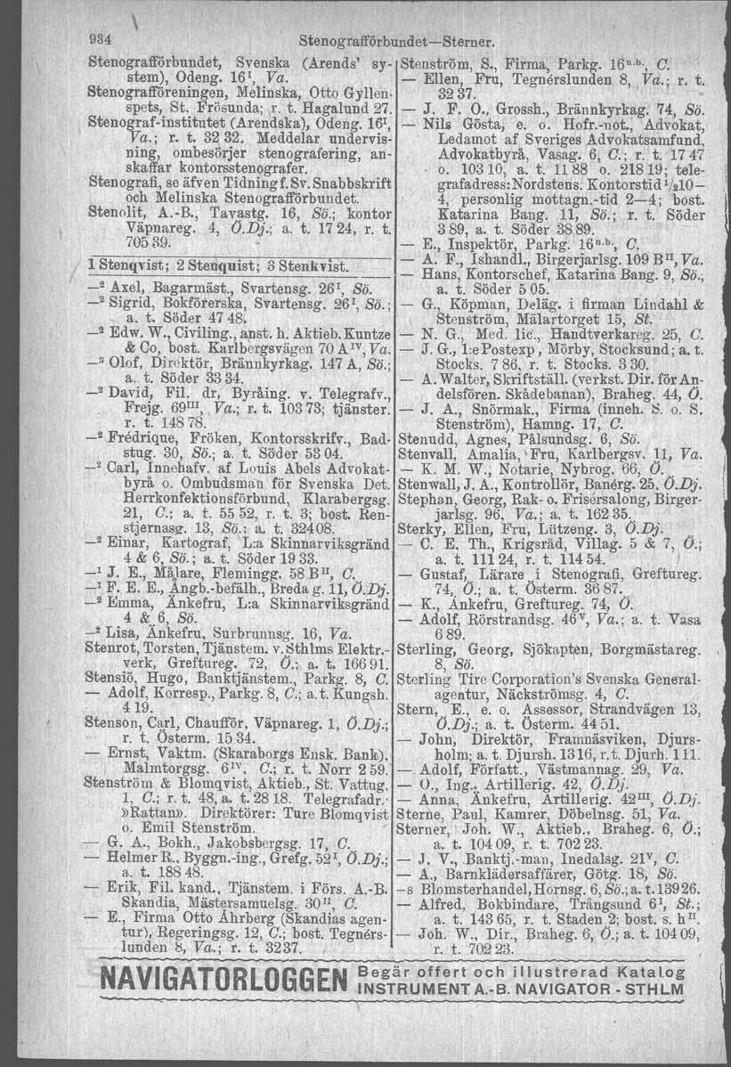 934 Stenog'rafförbundeteStenier. Stenografförbundet, Svenska (Arends' sy Stenström, S., Firma, Parkg. 16 n. b., C. stem), Odeng, 16\ Va. Ellen, Fru, Tegnerslunden 8, Va.; r. t.