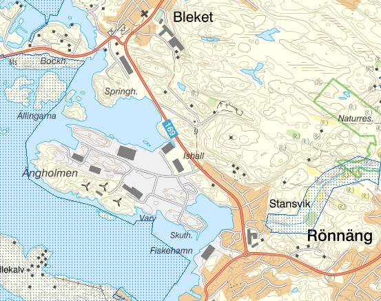 Figur 9 Nuvarande strandskydd i området (blå rastrering). Hämtad från Informationskartan Västra Götaland (www.ext-geoportal.lansstyrelsen.se). 4.