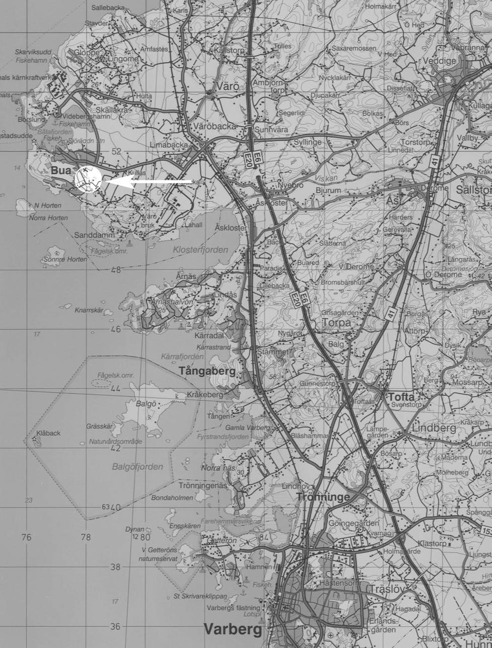 Fig. 2. Utsnitt ur Blå kartan, blad 61 Göteborg, med platsen för undersökningen markerad. Skala 1:100 000.