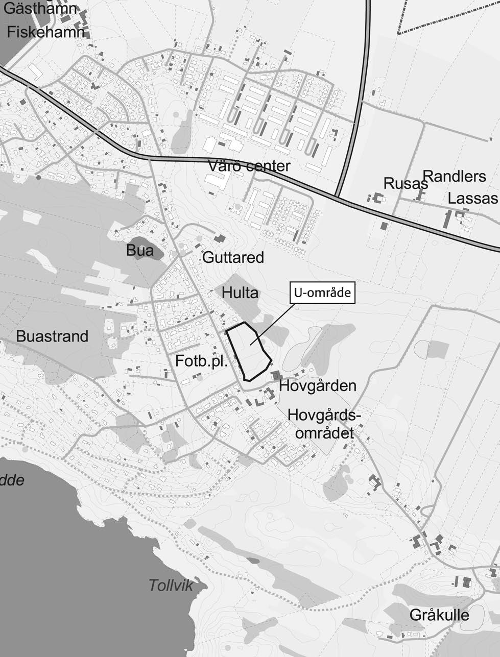 0 500 m Fig. 3. Utsnitt ur Fastighetskartan, blad 6B 0f Bua, med undersökningsområdet markerat. Skala 1:10 000.