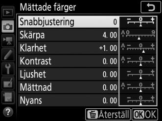 Ändra Picture Controls Befintliga förinställda eller anpassade Picture Controls (0 149) kan ändras för att passa motivtypen eller användarens kreativa målsättningar.