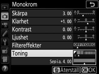 Använd detta som referens när inställningarna justeras. A Filtereffekter (endast Monokrom) Menyalternativen simulerar en färgfiltereffekt på monokroma fotografier.