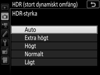 2 Välj ett läge. Markera HDR-läge och tryck på 2. Markera ett av följande alternativ och tryck på J. För att ta en serie HDR-fotografier, välj 6 På (serie).
