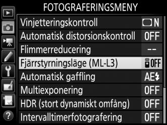 Fotografering med fjärrkontroll Använda en fjärrkontroll ML-L3 (säljs separat) Fjärrkontrollen ML-L3 (säljs separat, 0 287) kan användas för att minska kameraskakningar och för självporträtt.