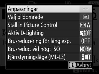 i-knappen För att komma åt alternativen nedan, tryck på i-knappen under fotografering med sökaren och livevisning.
