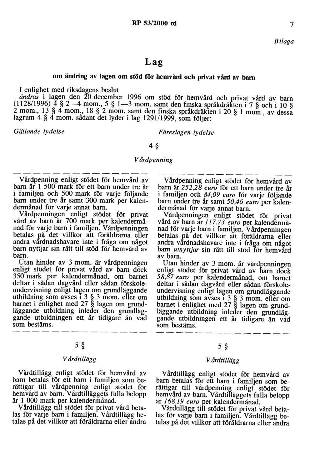 RP 53/2000 ni 7 Bilaga Lag om ändring av lagen om stöd för hemvård och privat vård av barn I enlighet med riksdagens beslut ändras i lagen den 20 december 1996 om stöd för hemvård och privat vård av