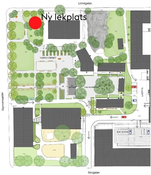 Sida 3 (7) Markområde för ny lekplats inom kvarteret Krubban är markerat med en röd punkt.