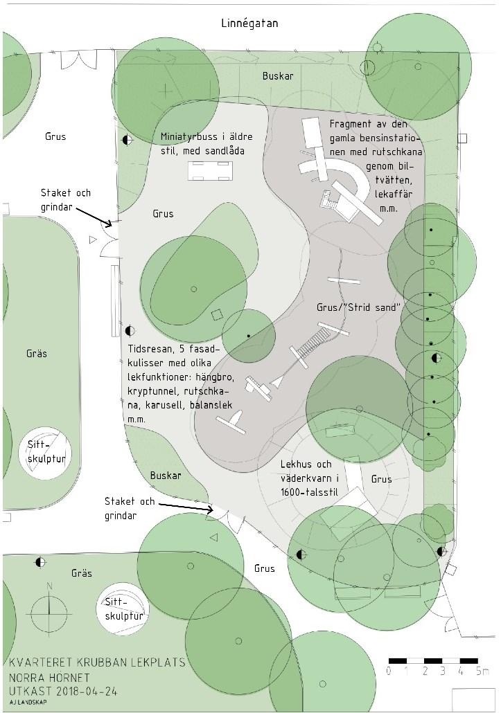 Sida 4 (7) även ett orangeri för åretruntverksamheter att uppföras i trädgården i samma läge som malmgårdens tidigare huvudbyggnad.. Planillustration över Krubbans lekplats.
