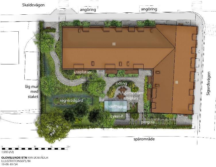 Sida 18 (41) Situationsplan som visar byggnadens föreslagna placering i förhållande till omgivande gator och bebyggelse. Planen visar även planerad utformning av bostadsgården (Källa: Landskapslaget).