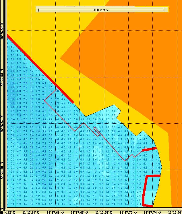 ANMÄLAN - VATTENVERKSAMHET Fig 5. Uppmätta vattendjup i meter enligt medelvattenstånd meddelat av SMHI samt gränsmarkering för planerad åtgärd.