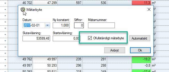 För att lista de mätare som är ofullständiga kan man konfigurera ett schemalagt jobb som kallas Rimlighetskontroll avläsningar där man kan med automatik få ett mail med en lista på alla mätare som är