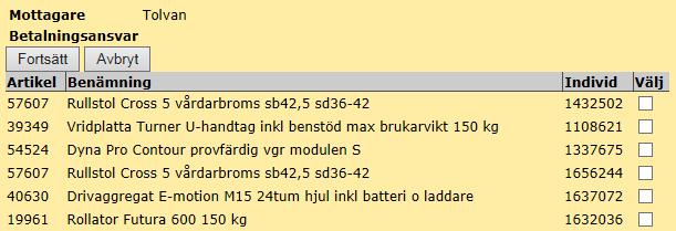 Figur 5 Väl vilket hjälpmedel som ska kompletteras. Därefter visas de komponenter/tillbehör som finns kopplade till huvudhjälpmedlet i dag och en länk till vanligaste tillbehören.