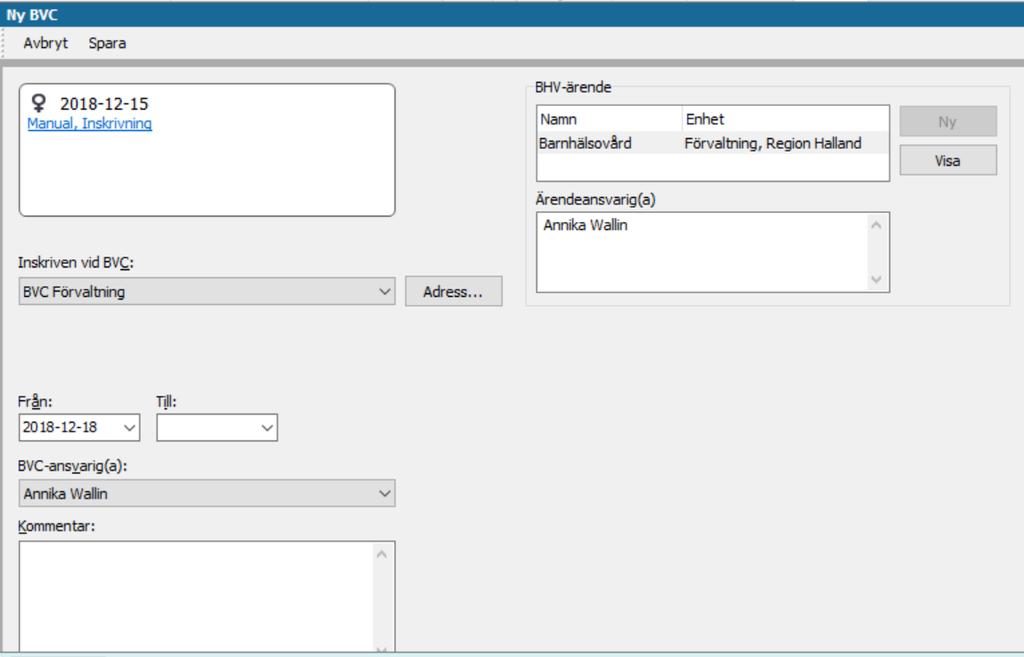 2.5. Knyt barnet till BVC och BVC-ansvarig. Klicka på Ny och markera BVC.